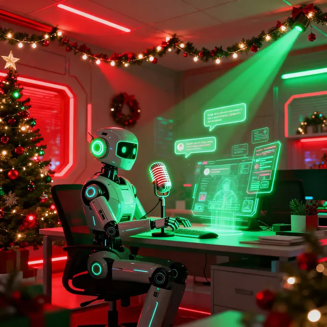 Grafika AI — robot przy mikrofonie w świątecznej scenerii