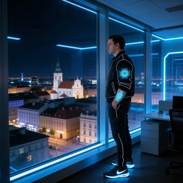 Michael Kozak przy oknie z widokiem na nocne miasto
